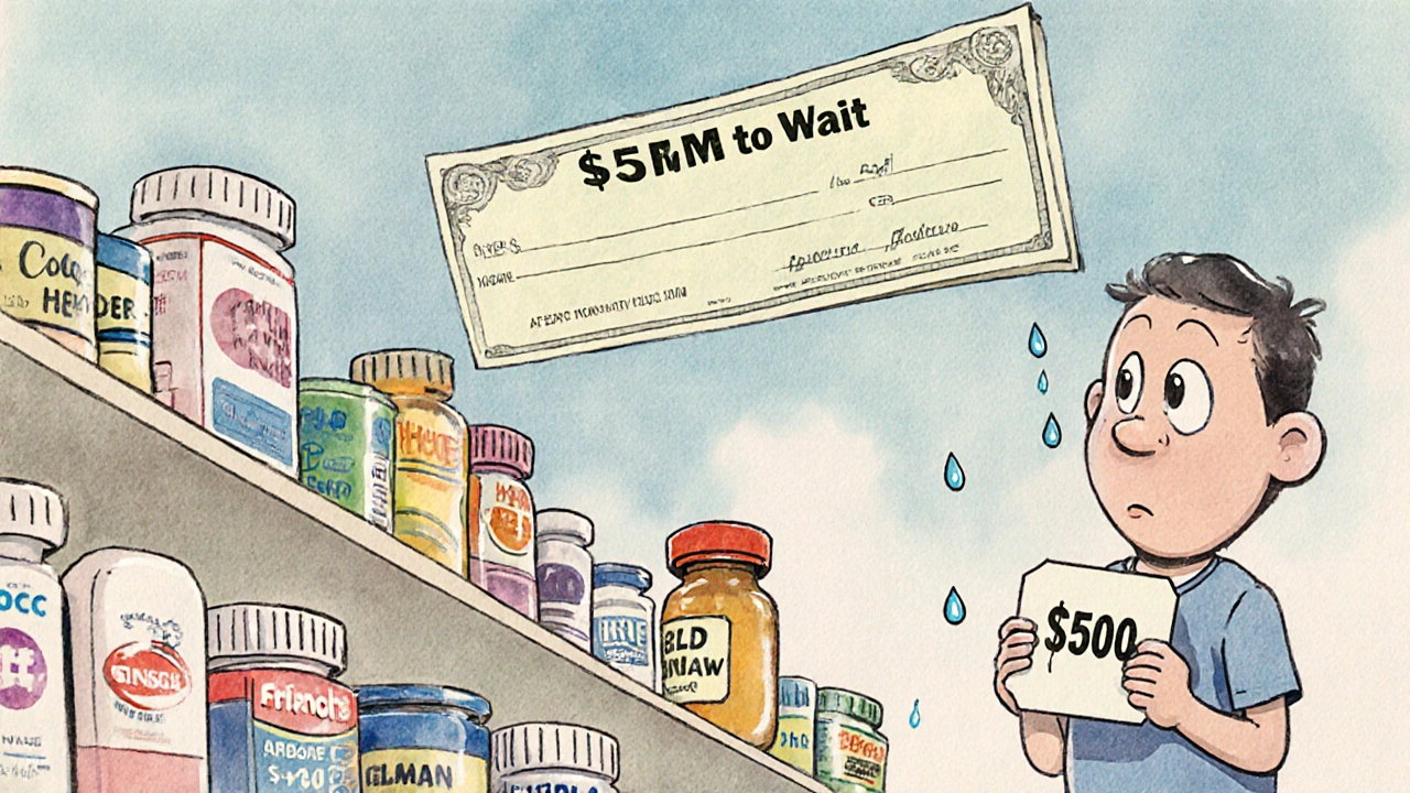A lonely generic drug on a shelf as a giant reverse payment check falls from above.