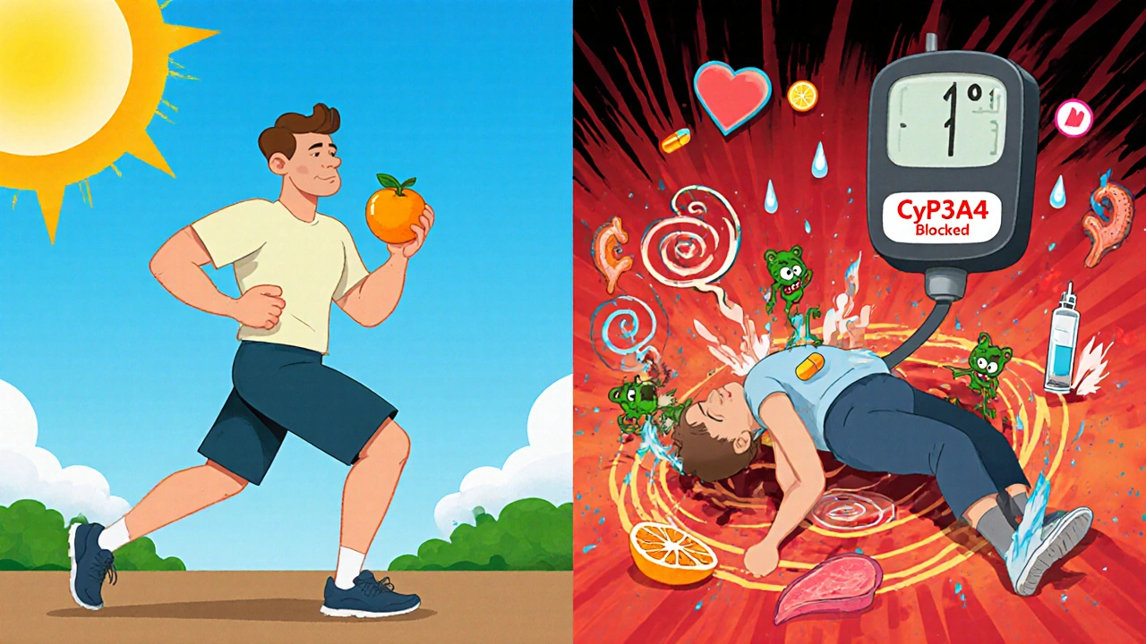A man collapses as grapefruit demons drag his pill into a blocked enzyme vortex, blood pressure spikes.