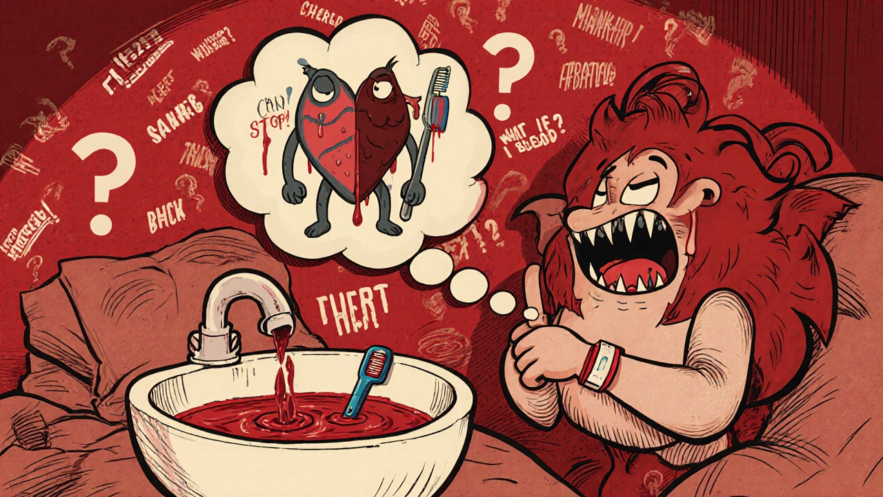 A patient wakes to bloody pillow and sink, torn between fear of clotting and bleeding in classic 1930s cartoon style.