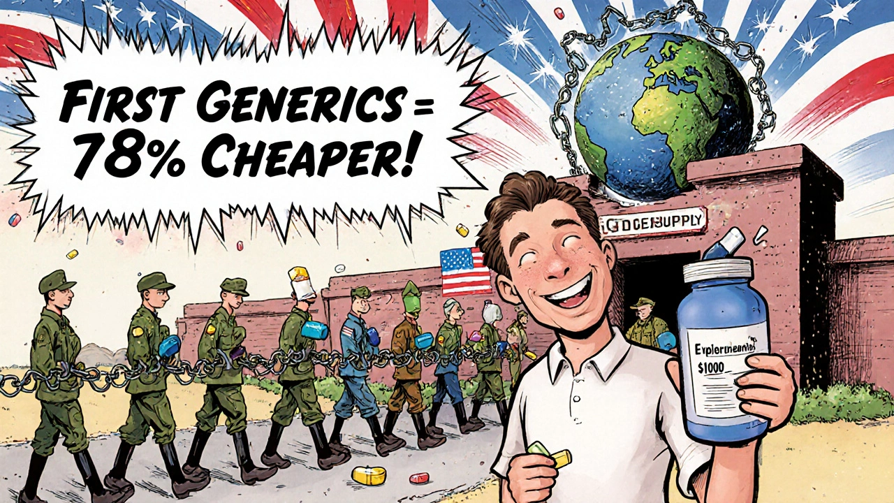 A patient watches a pill price drop from 0 to  as U.S.-made medicines march out of a factory.