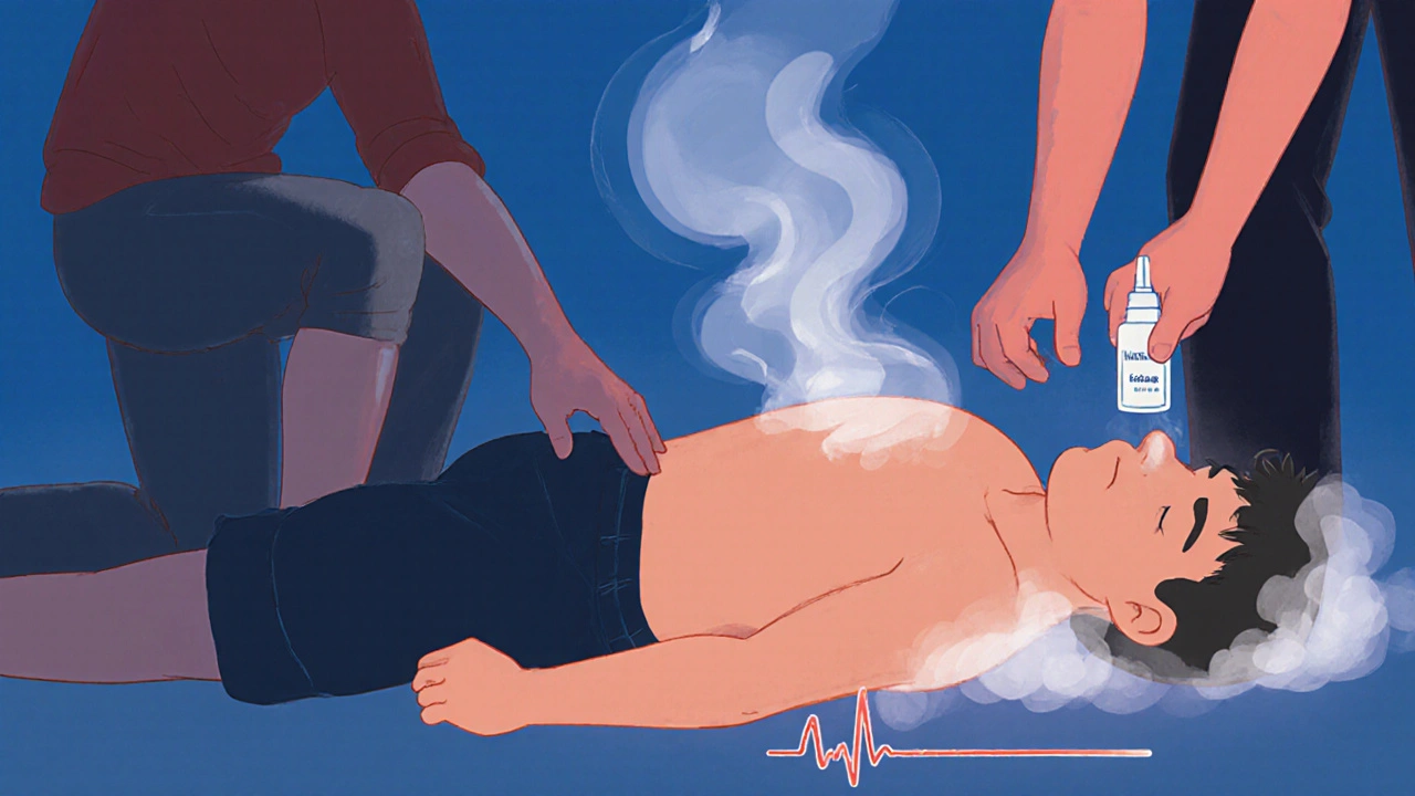 A person being placed in the recovery position with naloxone spray nearby.