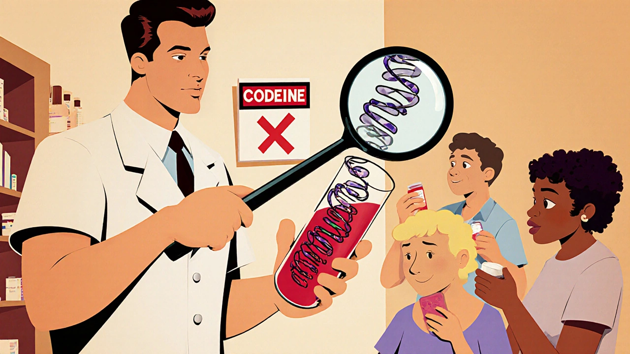 A pharmacist examining a blood sample that turns into a genetic spiral with extra gene copies, warning signs in background.