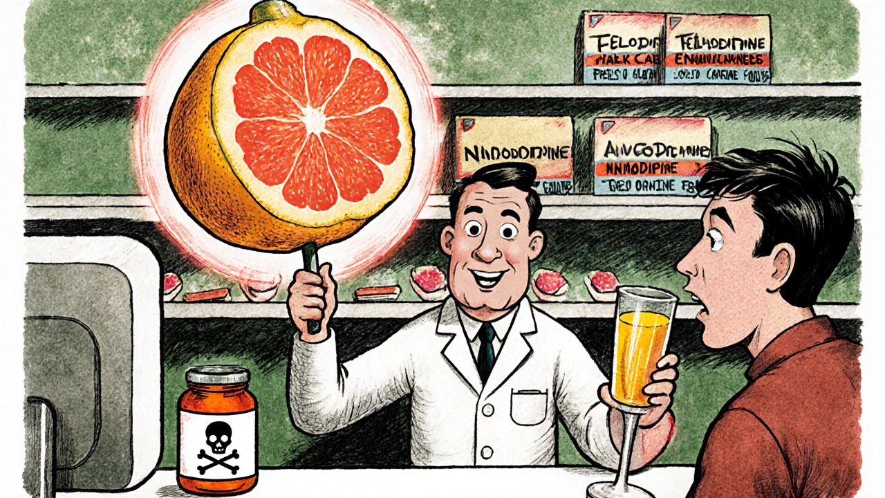 A pharmacist holds a grapefruit-shaped warning sign beside pills and marmalade labeled with danger symbols.