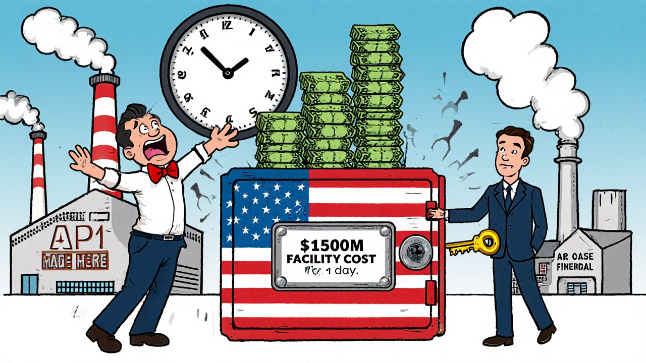 A small manufacturer stacks money into a U.S. flag vault as a clock counts down to faster FDA approval.