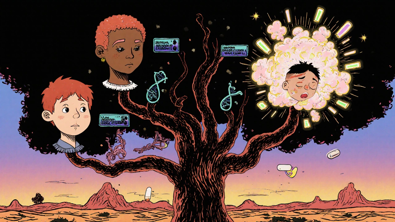 A stylized family tree showing ethnic groups with gene explosions, one causing morphine clouds and a child collapsing.