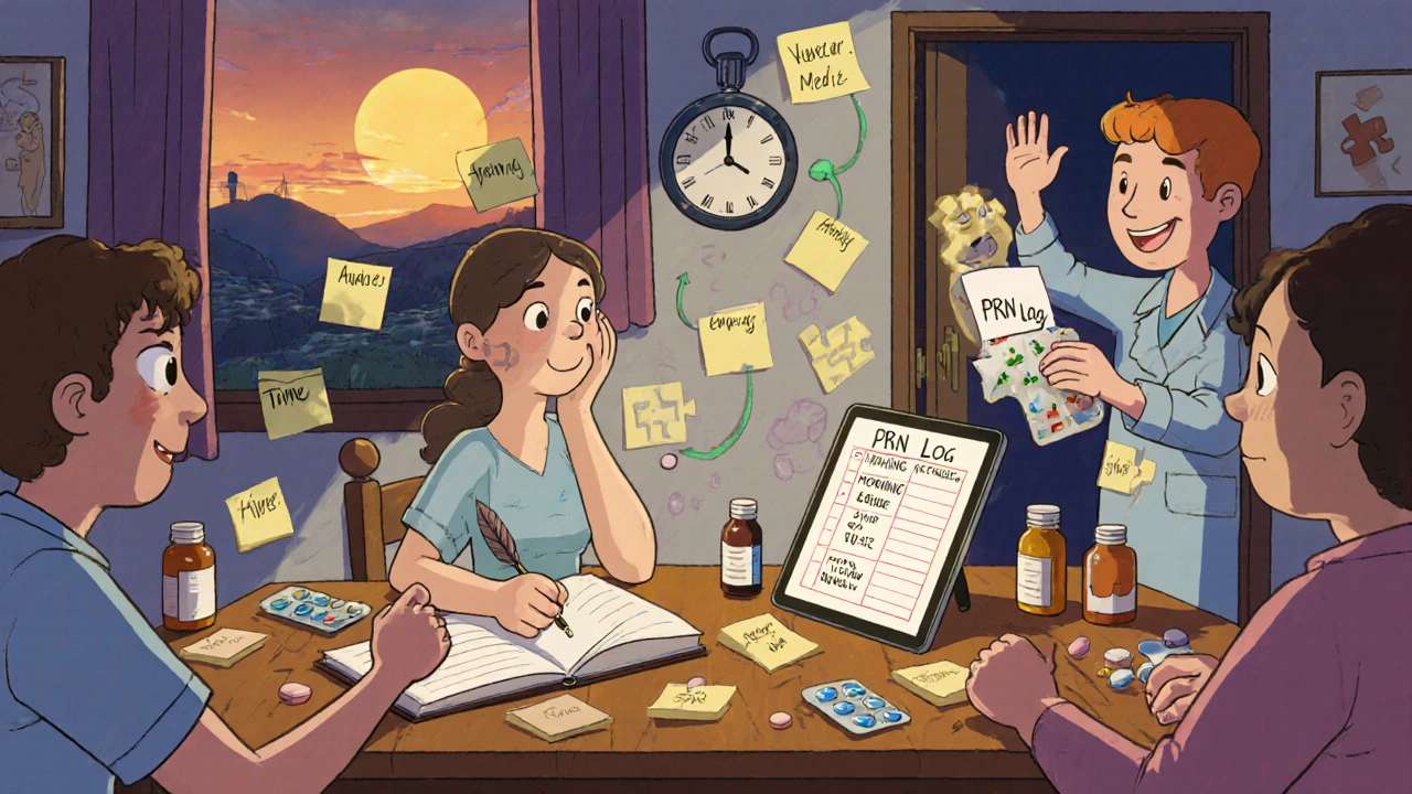 Caregiver updating a PRN log on Sunday evening with floating sticky notes, pill bottles, and a digital tablet.