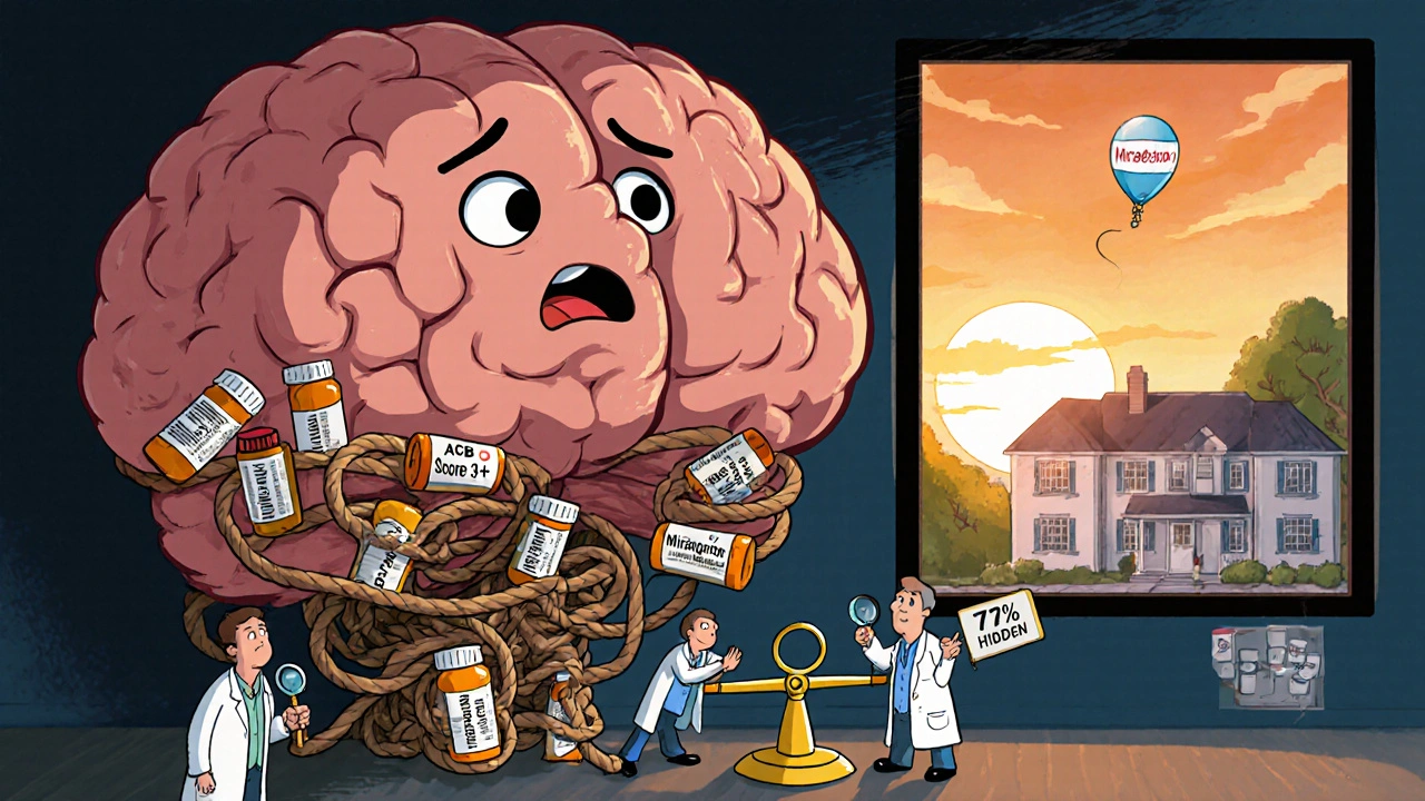 Cartoon brain strangled by prescription bottles, with doctors arguing over drug risk scale.