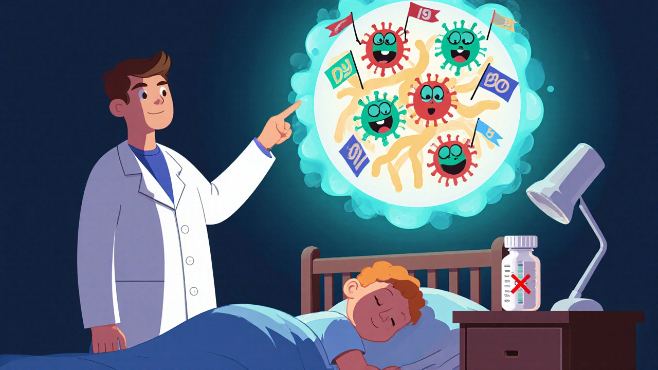 Cartoon immune cells cheering as they build antibodies, fever thermometer at 101.5°F.