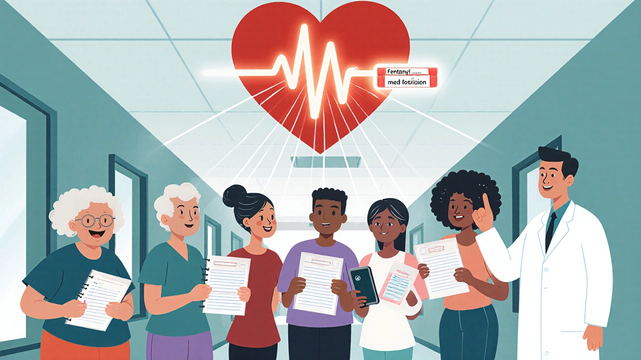 Diverse group holding medication logs in clinic hallway, glowing heart connects their safety practices.
