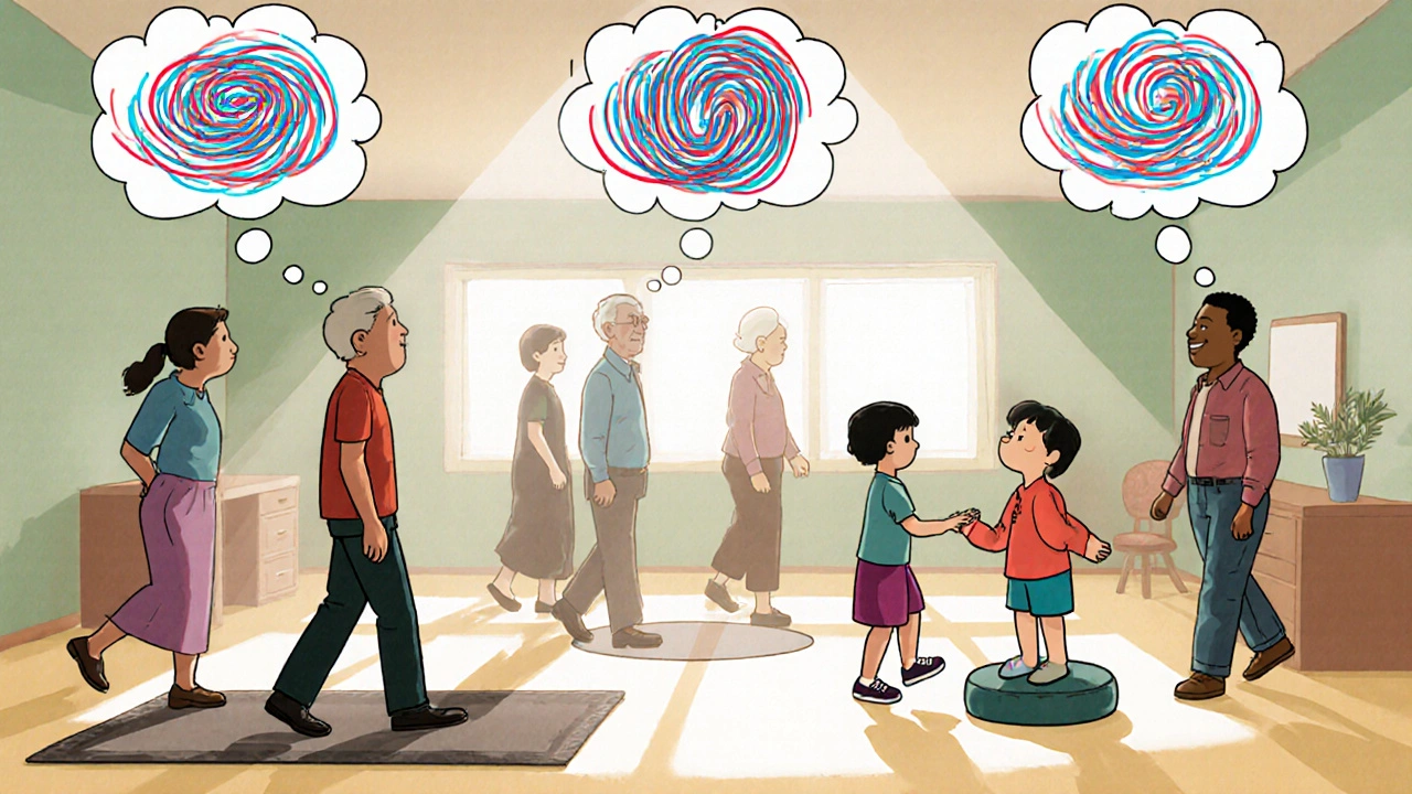 Diverse group practicing vestibular exercises in a therapy room, showing head turns, backward walking, and balance on cushions.