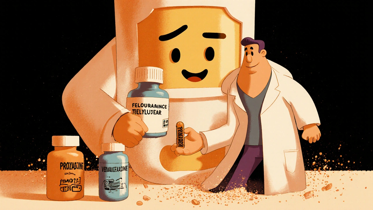 Doctor handing liquid taper medication while a friendly Prozac molecule protects the patient from crumbling pills.