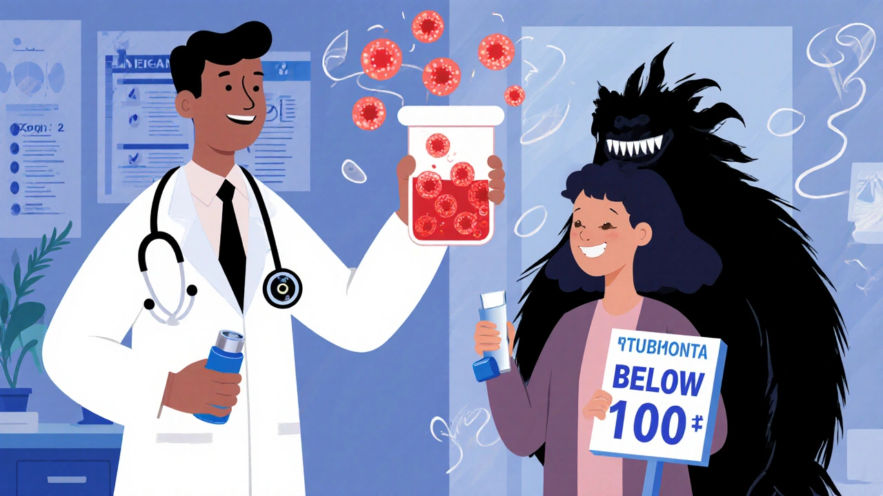 Doctor holding glowing blood test with eosinophil fireflies as pneumonia monster hides