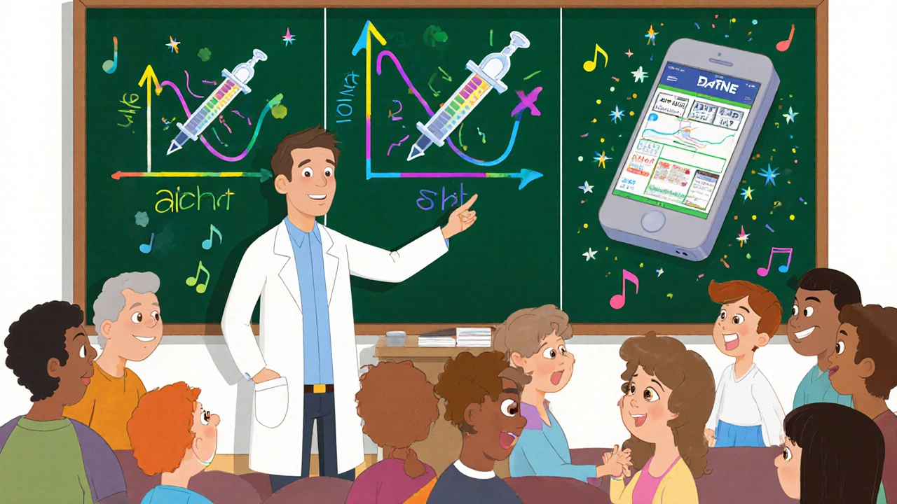 Doctor teaching patients about CGM trend arrows using a colorful chalkboard diagram