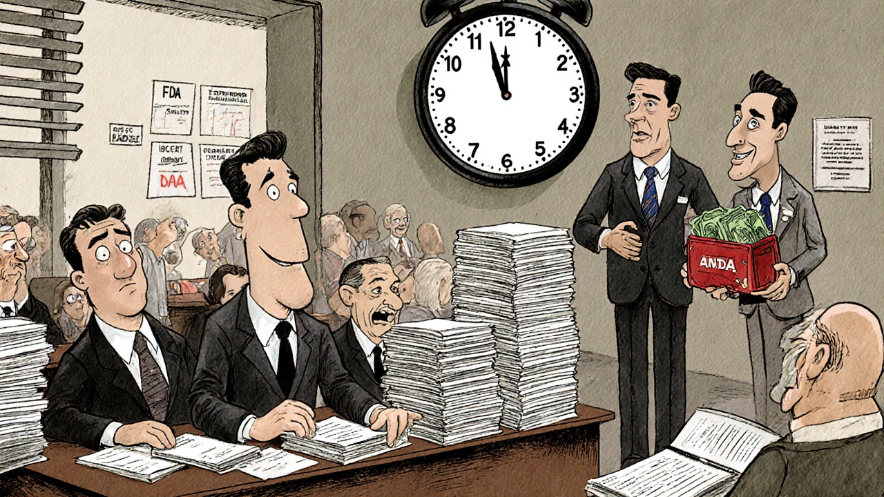 FDA clerks overwhelmed by paperwork as a 30-month clock ticks, while a secret payment is made.