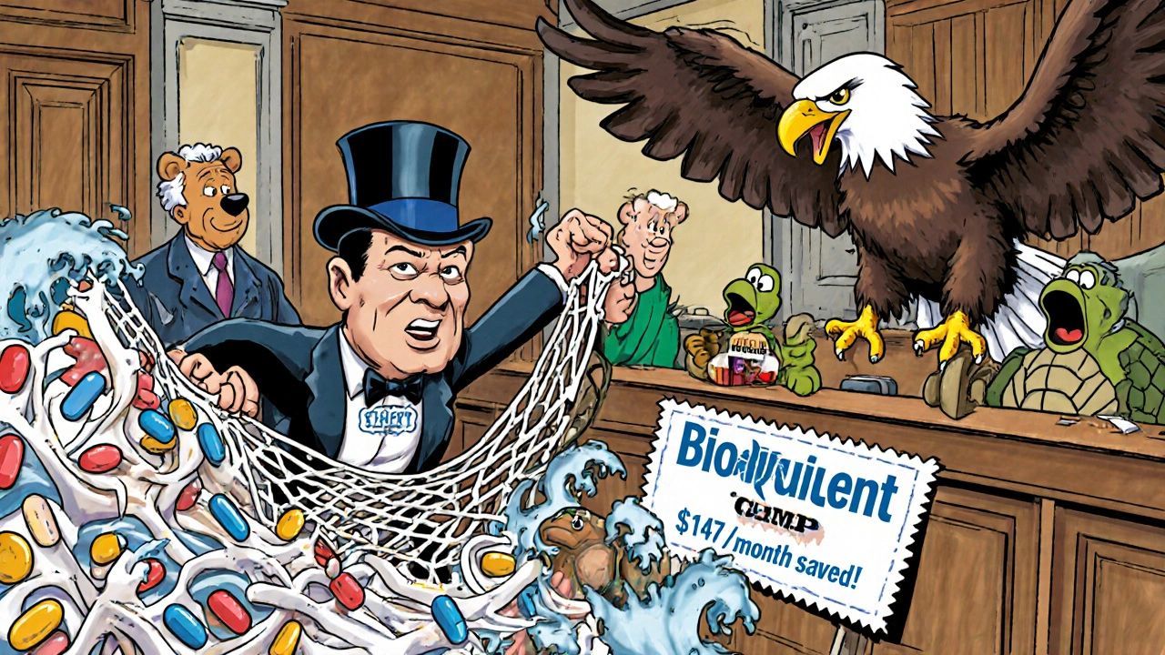 FDA eagle crushes a patent thicket net while generic pills cheer, surrounded by Medicare and Medicaid figures.
