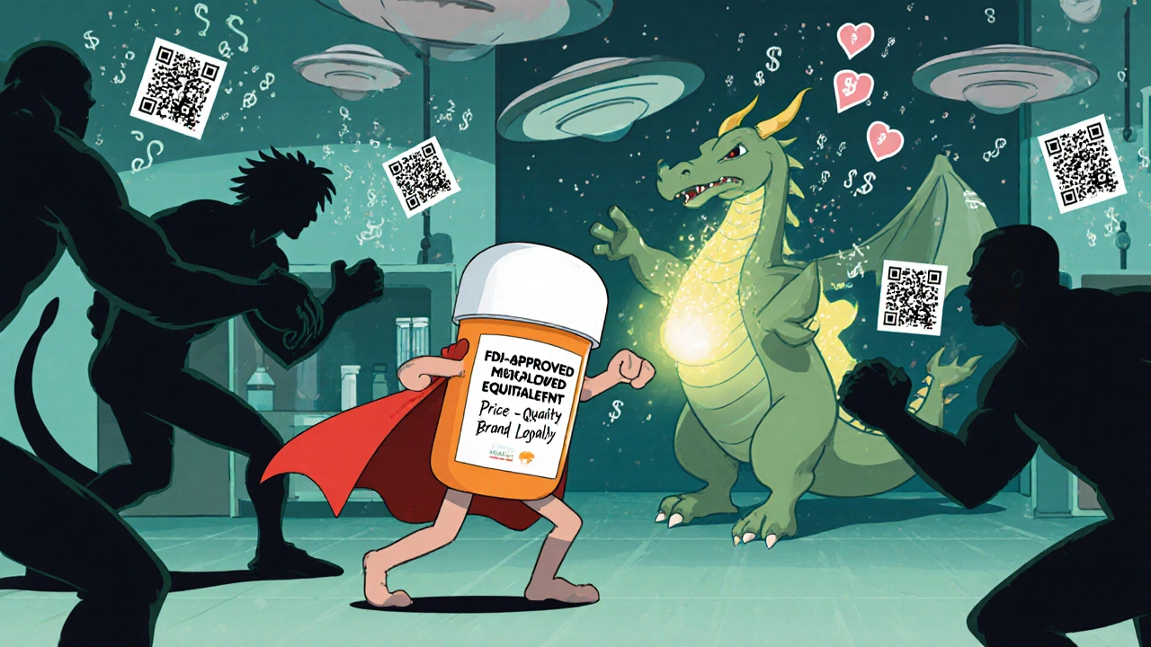 Heroic generic pill battling misconceptions with biosimilar dragon in a medical lab cartoon scene.