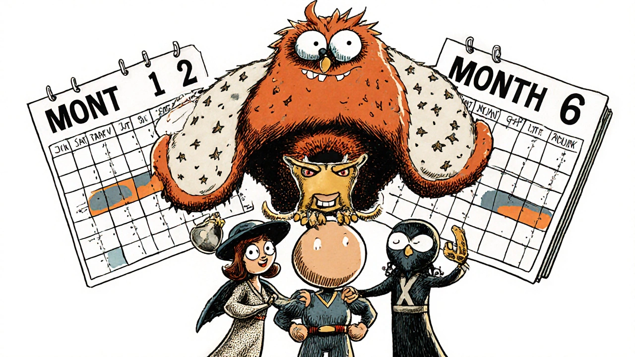 Heroic health allies lifting a weight gain monster off a person, with calendar showing progress, in Fleischer Studios animation style.