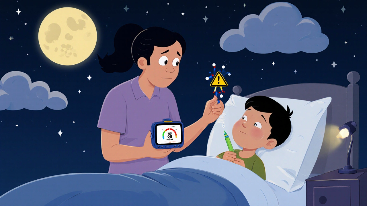 Parent hesitating to adjust insulin for a sleeping child as a falling glucose arrow looms