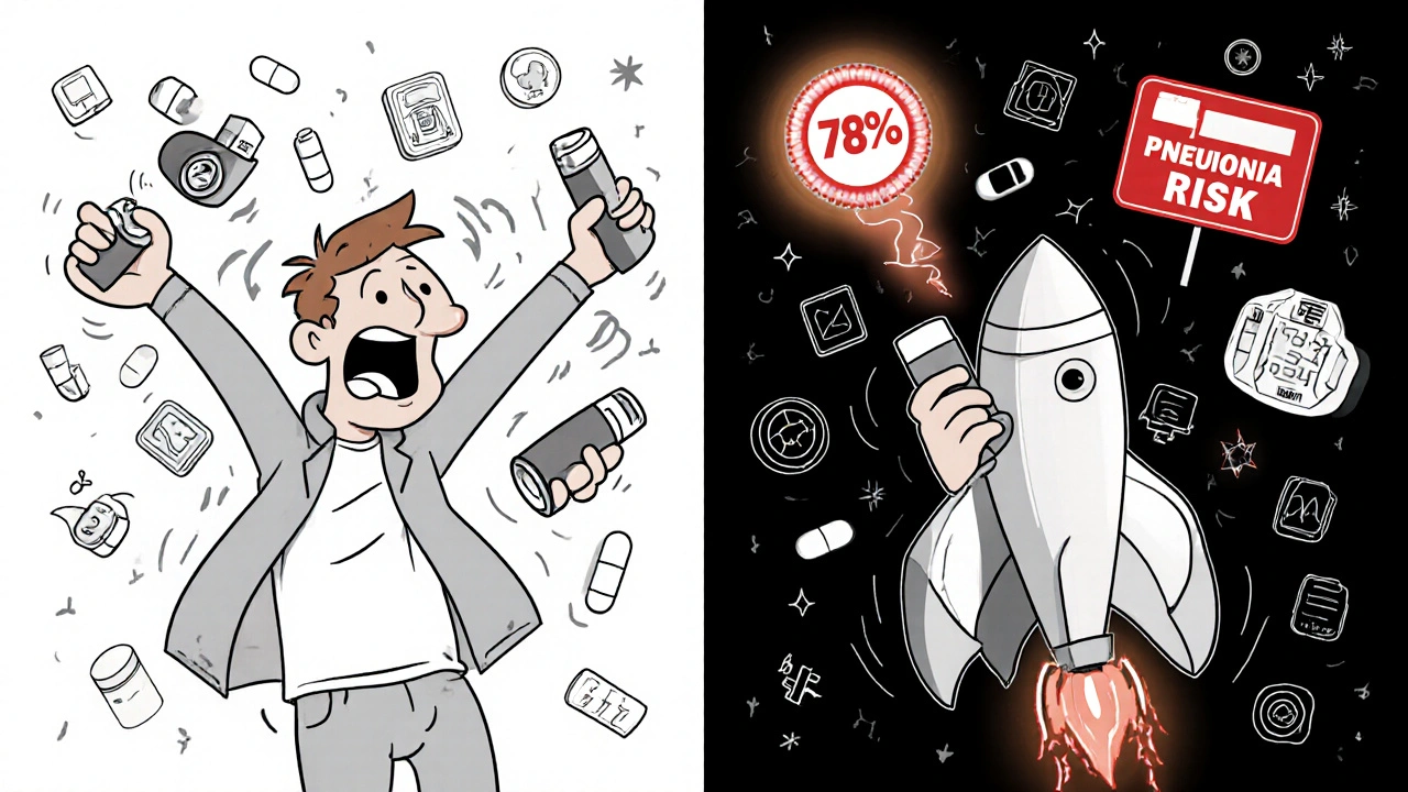 Patient juggling three inhalers vs. one simple device in classic cartoon style