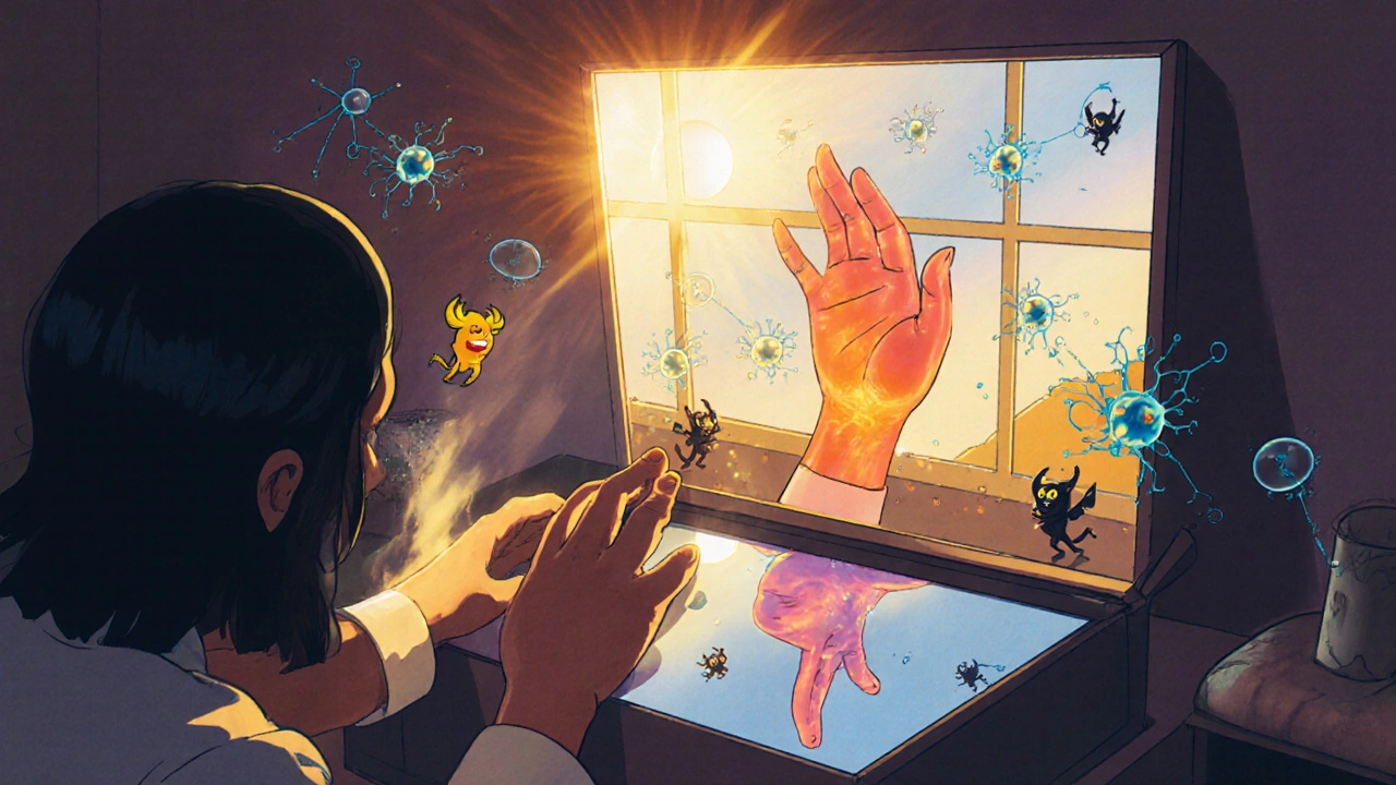 Patient using mirror box to see reflection of healthy hand, causing painful hand to glow with warmth.