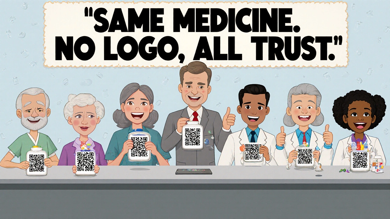 Patients scanning QR codes on pill bottles that show drug journey with smiling scientists in vintage cartoon style.