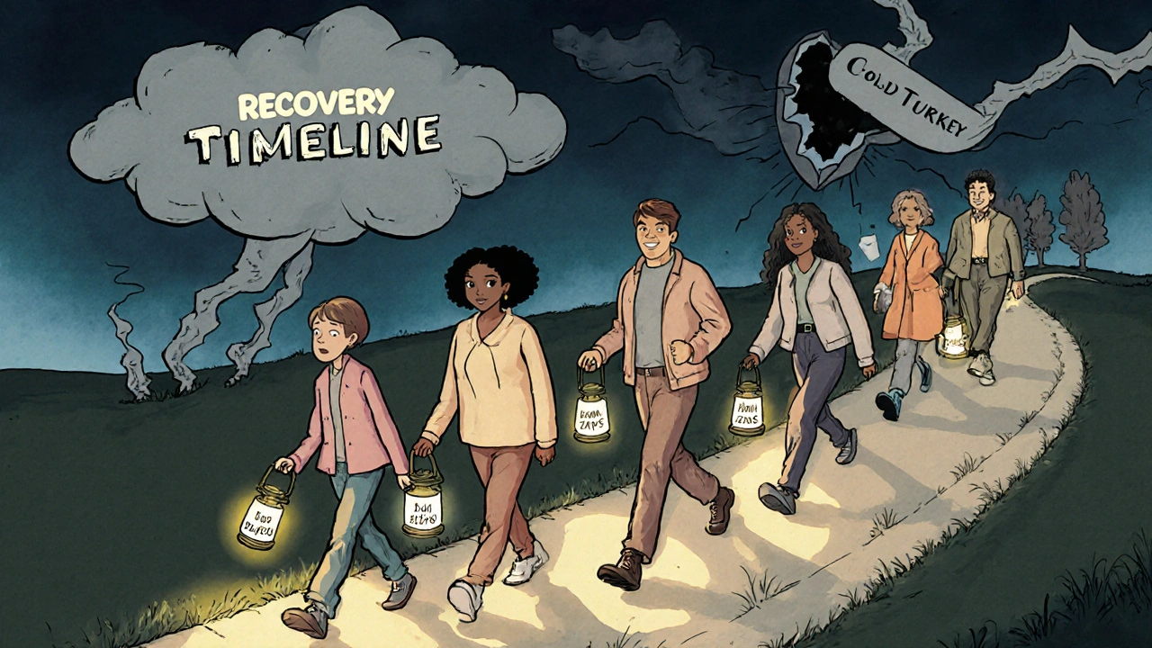 People walking a path with dimming symptom lanterns, leaving behind a cracked storm cloud labeled &#039;Cold Turkey.&#039;