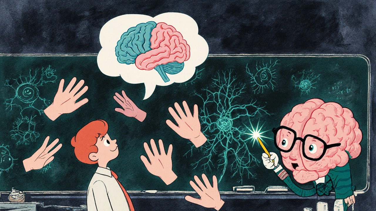 Person identifying left and right hand images while brain map sharpens in a thought bubble.