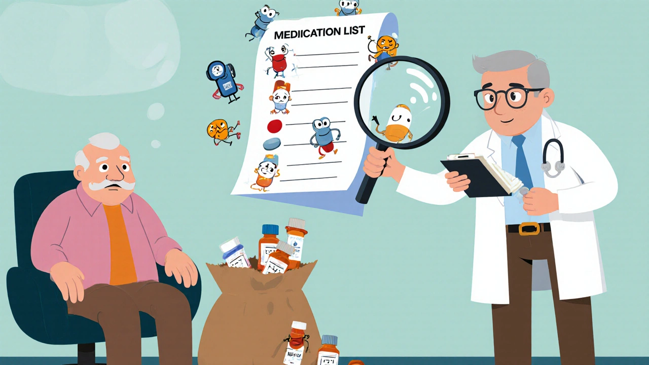 Pharmacist using a magnifying glass to inspect floating medication characters in a doctor’s office with a brown bag nearby.