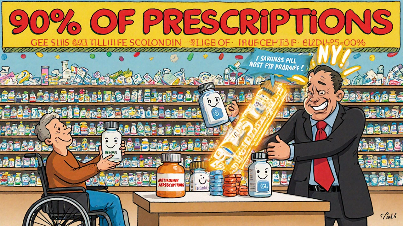 Pharmacy shelves overflow with smiling generic pills as a PBM villain is pushed away by .4 trillion in savings.