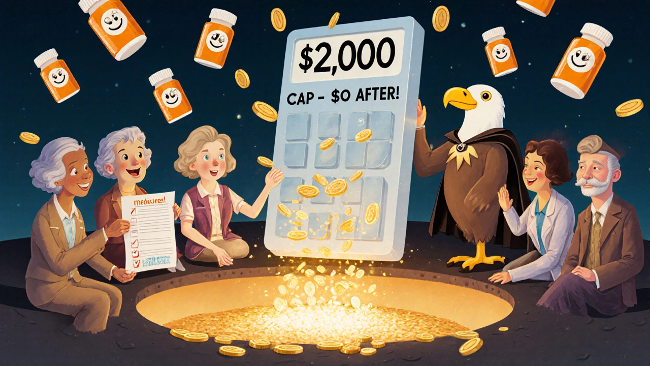 Seniors celebrate as a giant calculator shows ,000 cap with falling coins into a vanished donut hole.