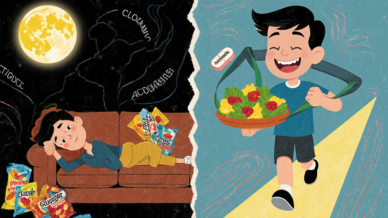 Split scene: person struggling with snacks vs. person walking with salad and lower-risk pill, connected by a glowing path, in vintage cartoon style.