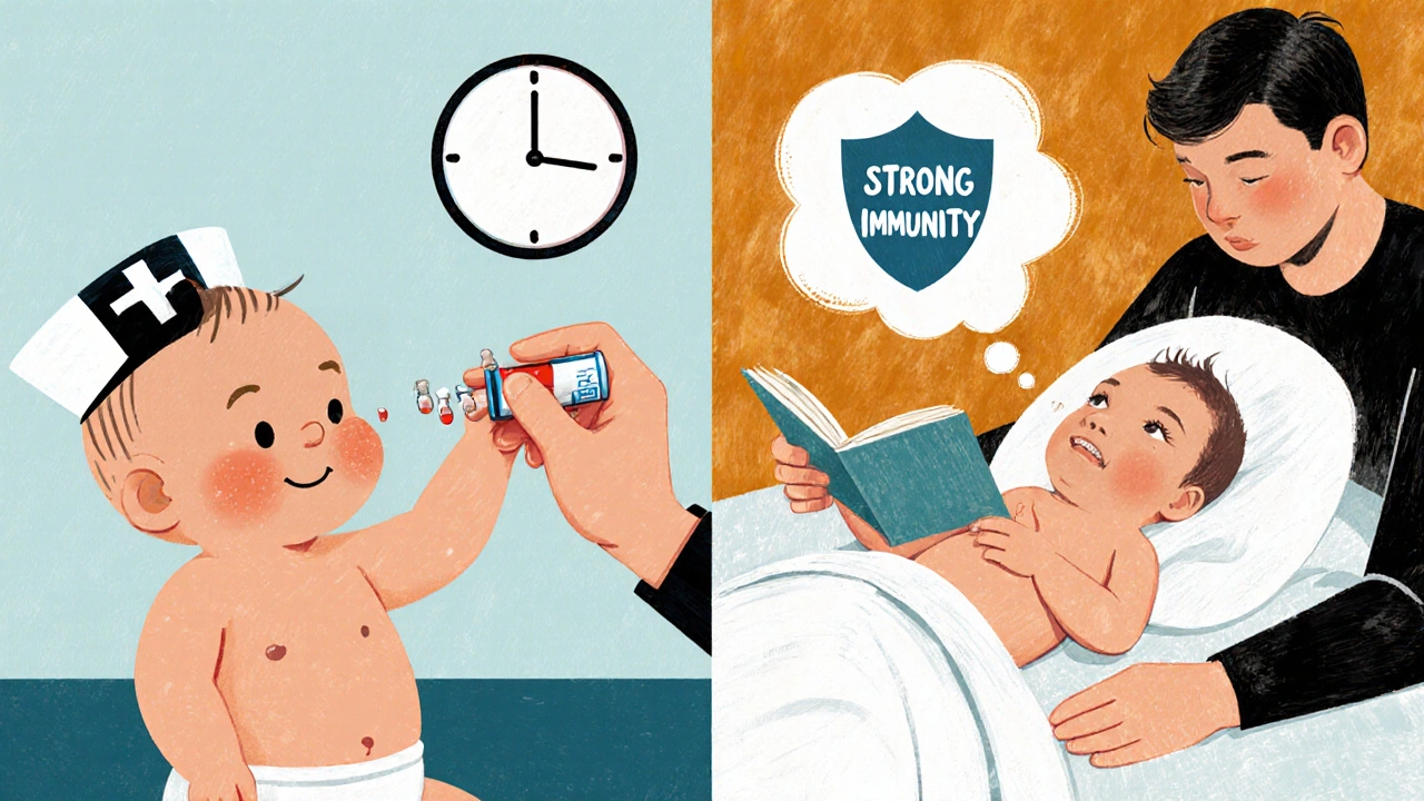 Split scene: UK baby receiving paracetamol after MenB vaccine vs. US baby comforted without medicine.