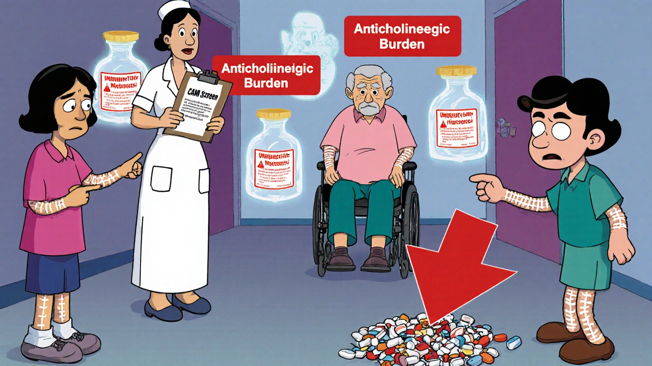 Withdrawn elderly patient in hospital with ghostly medication bottles and concerned family member.