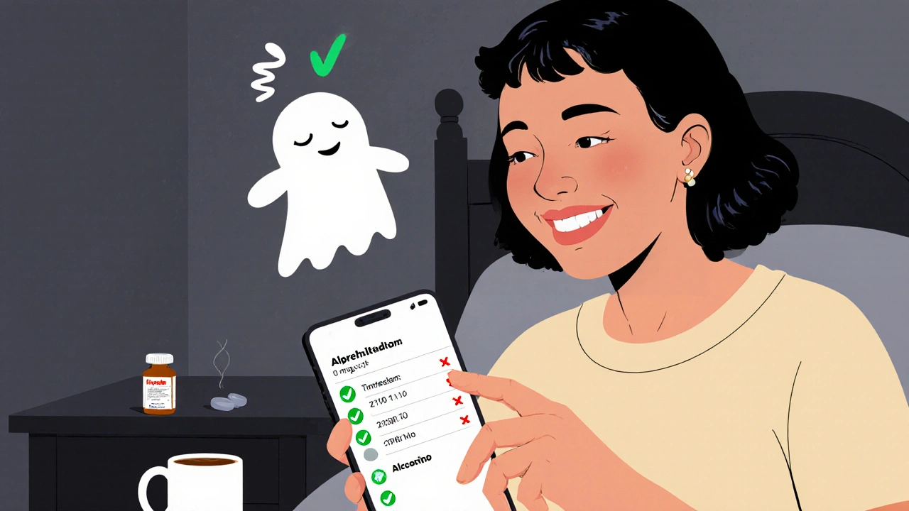 Woman checking her phone app to log medication, cartoon ghost of drowsiness fading away.