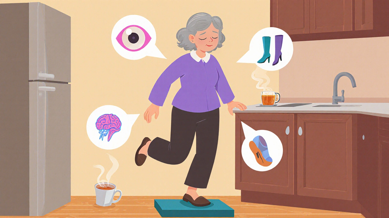 Woman standing on foam pad in kitchen, balancing with eyes closed, holding onto counter for safety.