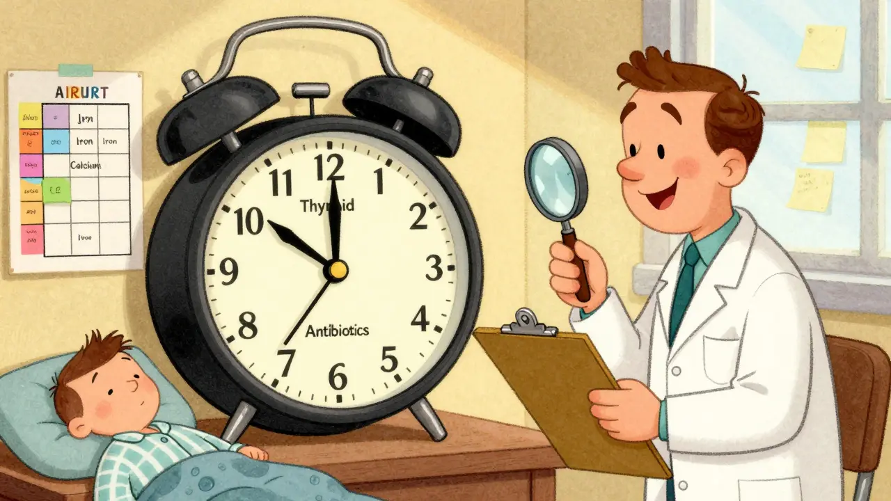 A clock with labeled arms showing safe times to take thyroid, iron, calcium, and antibiotics.