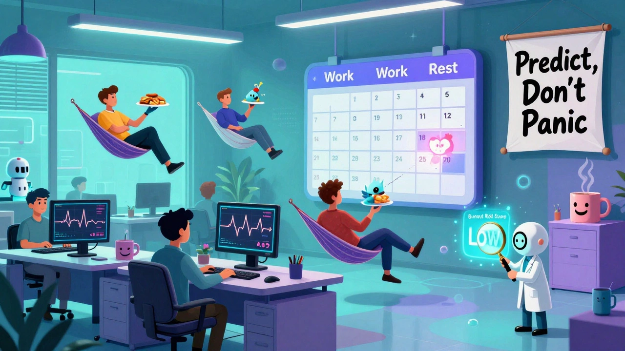 A colorful futuristic 4-day workweek office with floating workers, AI birds, and a low burnout score display.
