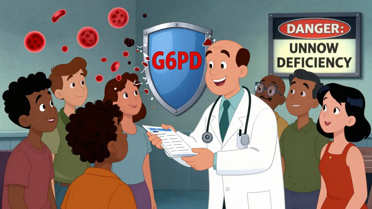 A doctor giving prescriptions while a G6PD shield shatters over one patient, with bursting red blood cells in the background.