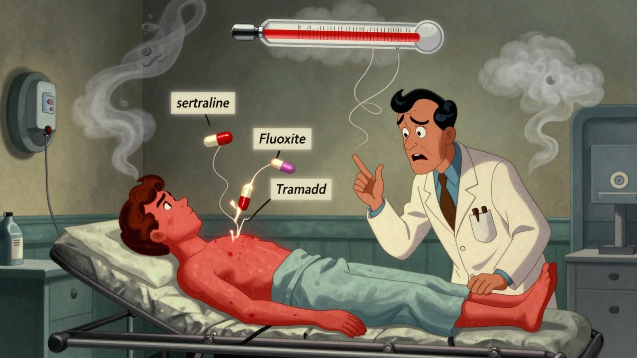 A doctor shocked at a patient with feverish glow, floating antidepressant and tramadol pills connected by sparks in a 1930s-style ER.