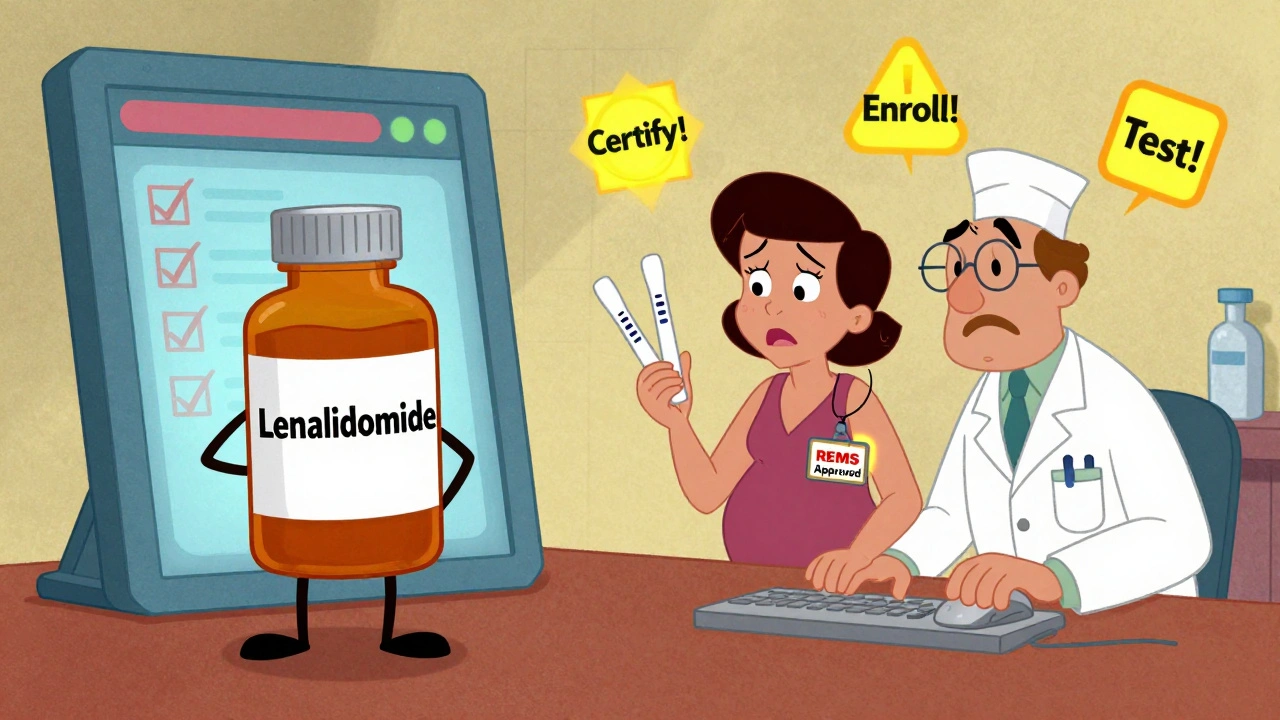 A drug bottle checking off REMS requirements while a patient holds pregnancy tests and a pharmacist clicks frantically.