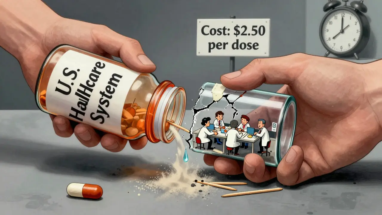 A giant hand squeezing a pill bottle until it cracks, releasing dust and a tear, tiny workers trying to fix it.