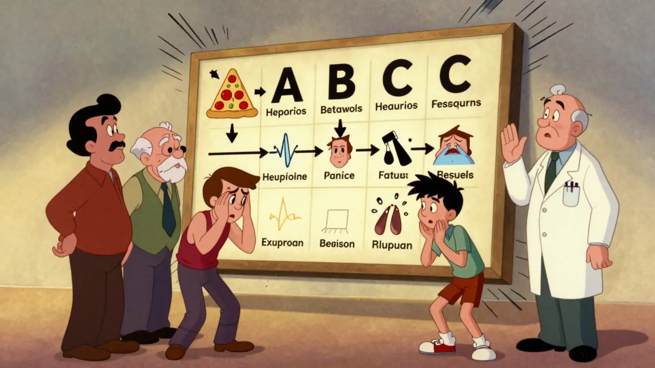 A group of people around a floating ABC chart showing symptom patterns with animated arrows.