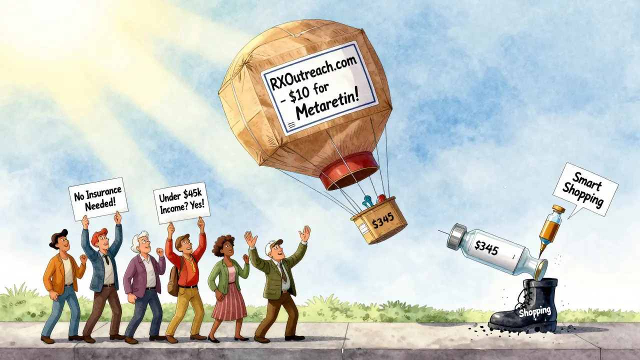 A mail-order package flies through the sky labeled 'RXOutreach.com ', while people below cheer, holding signs about affordable medication.