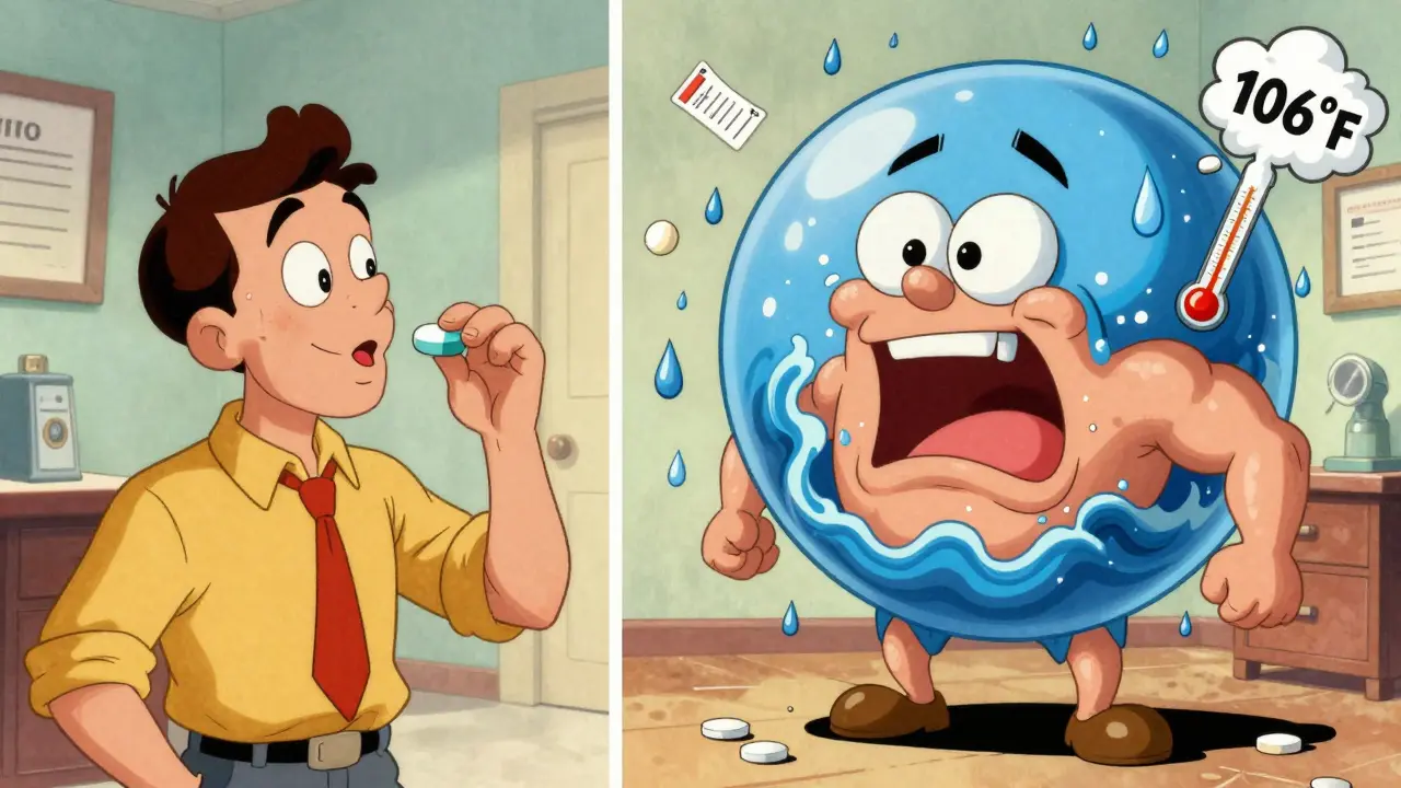 A man's body inflating with serotonin waves and exaggerated symptoms like dilated pupils and high fever.