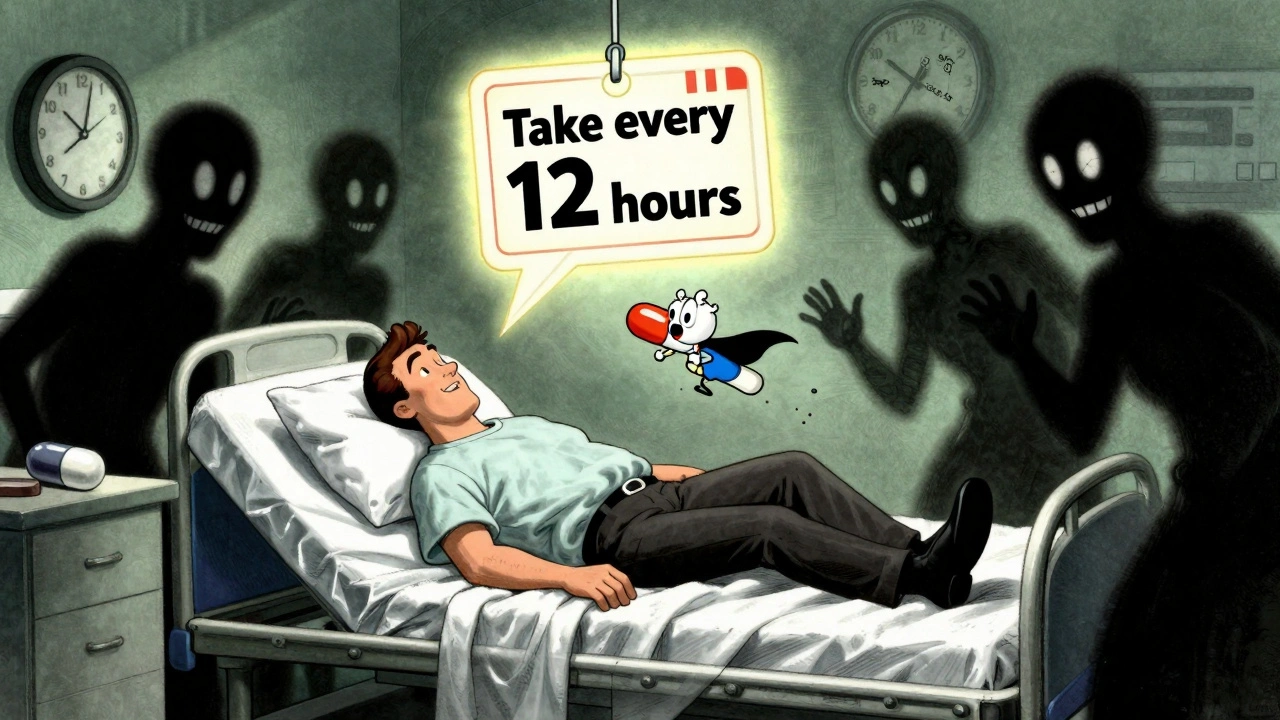 A man collapsing as ominous pill shadows loom, countered by a glowing prescription label with a heroic pill saving the day.