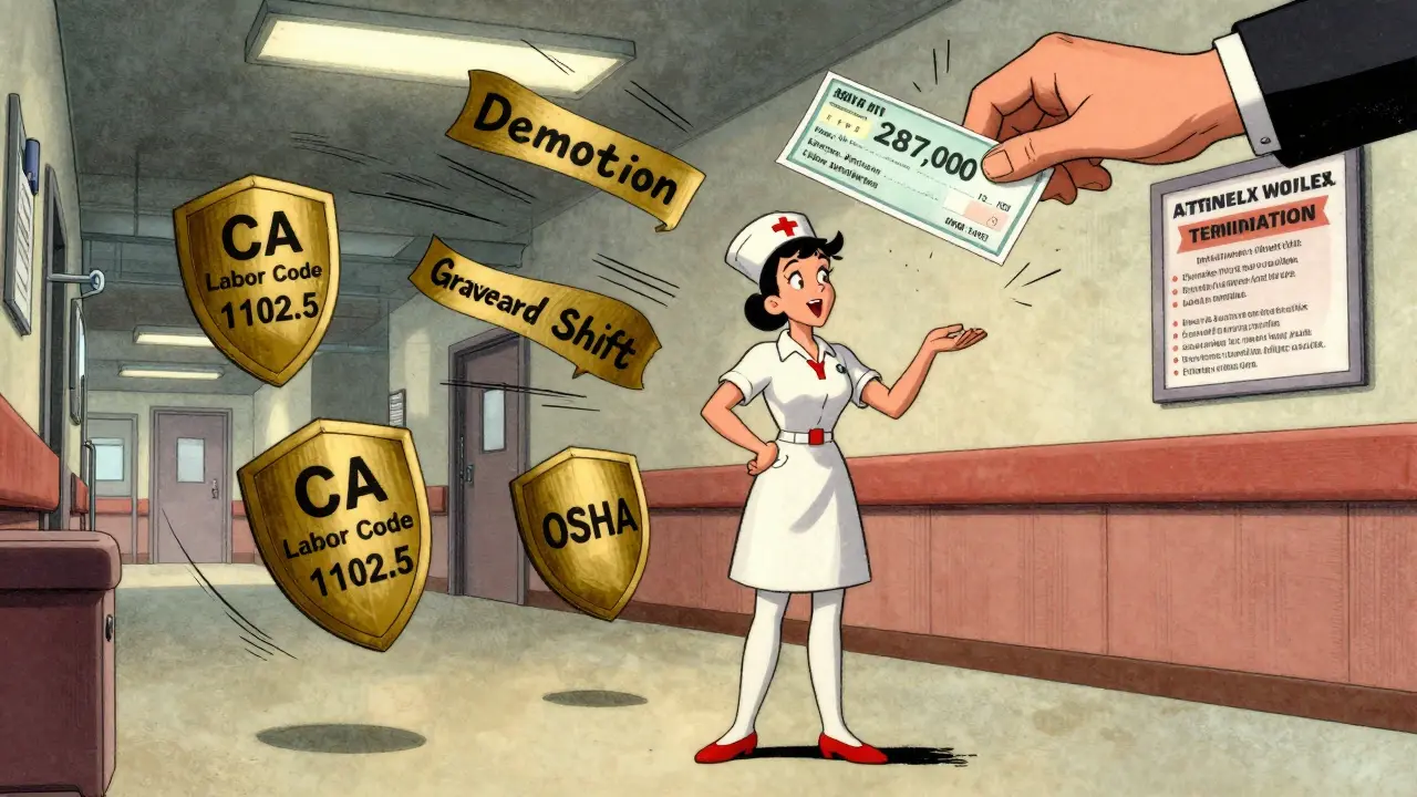 A nurse is protected by legal shields while receiving a settlement check, with a hotline poster in the background.