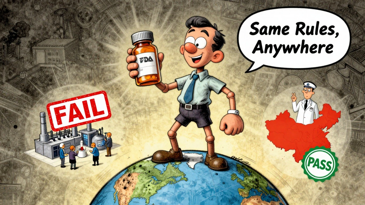 A patient holds a pill bottle above a globe showing inspected factories, one failing and one passing under FDA scrutiny.