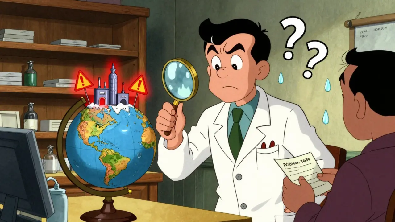 A pharmacist examines a globe showing dangerous drug factories, with empty shelves and a worried patient.