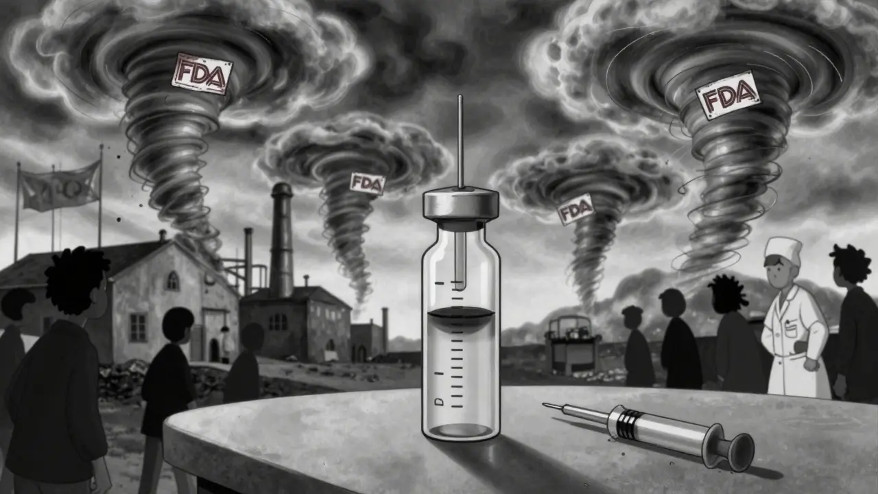 A single injectable vial surrounded by tornadoes at factories, patients and nurses watching helplessly.