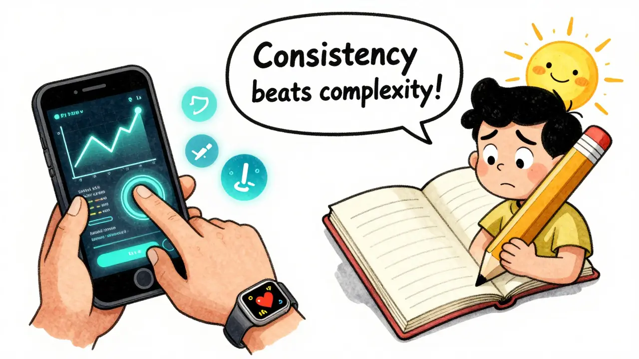 A split scene showing paper journaling versus digital app tracking with expressive characters.